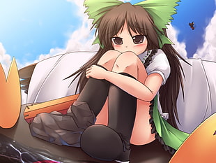 brown female anime character wearing green bow HD wallpaper