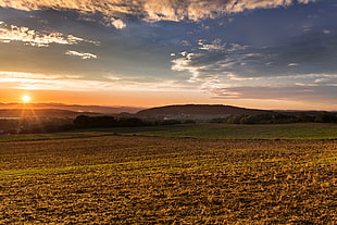 landscape photograph of sunrise over grasslands HD wallpaper