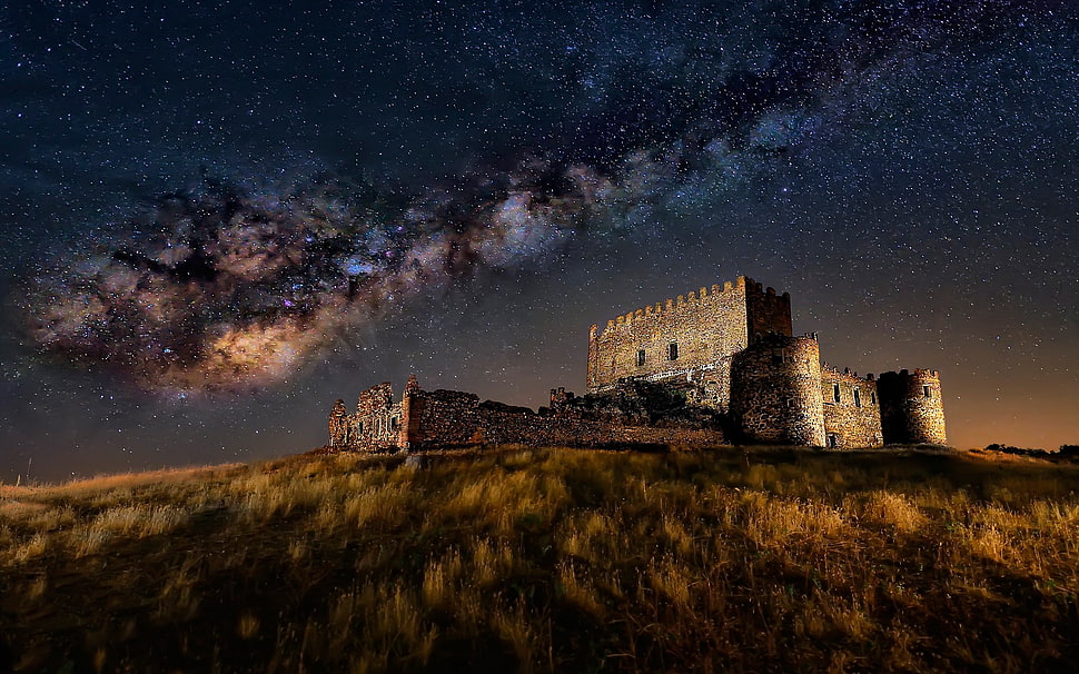 gray stone castle, César Vega, Milky Way, ruin, long exposure HD wallpaper