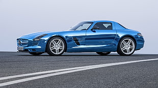 blue Mercedes-Benz coupe, Mercedes SLS, blue cars, car, vehicle