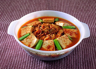 photo of kimchi and tofu soup dish in white ceramic bowl HD wallpaper