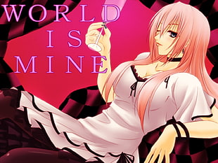 Pink haired female anime character in white dress with World is Mine text 3D wallpaper HD wallpaper