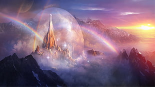 brown castle illustration, concept art, castle, rainbows HD wallpaper