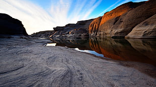 lake between rock formations, nature, landscape, mountains, rock