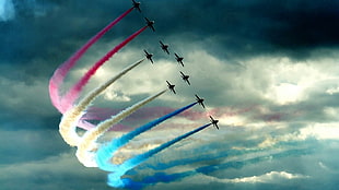 nine air show planes, airplane, smoke, colored smoke, clouds HD wallpaper
