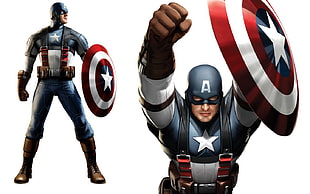 Captain America illustration collage, Marvel Comics, Captain America, shield, white background