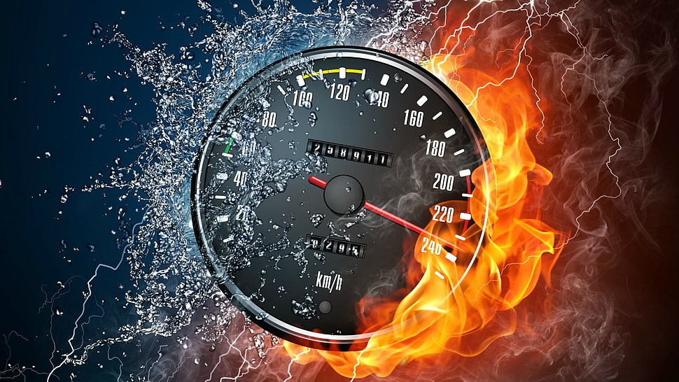 round black speedometer, digital art, speedometer, water, fire HD wallpaper