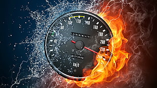 round black speedometer, digital art, speedometer, water, fire HD wallpaper