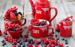 red ceramic jar set with assorted berries HD wallpaper