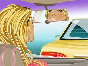 female animated character putting lipstick while inside a car