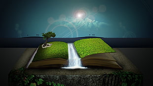 green and beige book with waterfalls, books, artwork, landscape, digital art HD wallpaper