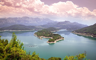 clear body of water with green trees, photography, nature, landscape, lake