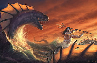 water dragon fighting with man holding trident illustration HD wallpaper