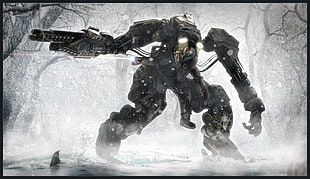 robot grayscale painting, mech, science fiction, winter, snow HD wallpaper