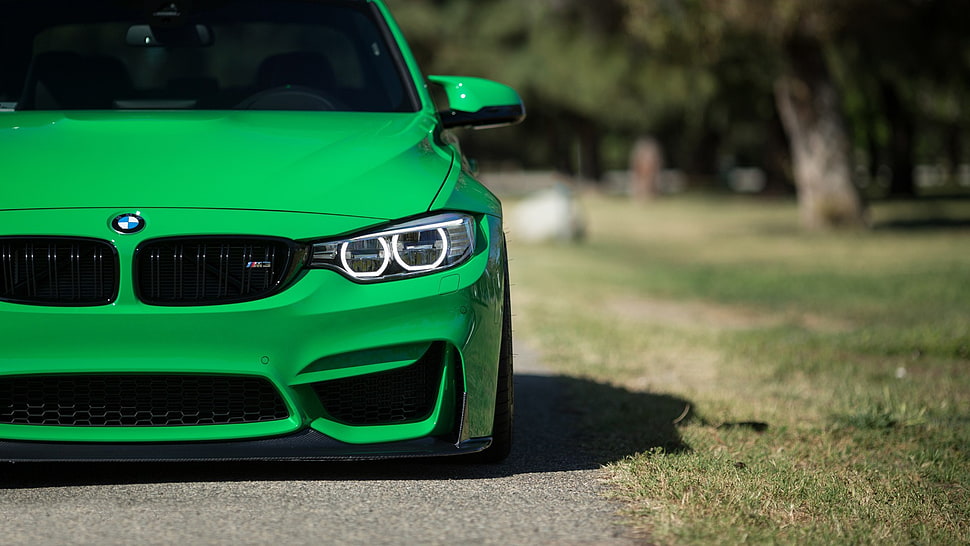 green BMW E-Series, photography, BMW, green, Headlights HD wallpaper