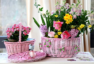 two baskets of artificial flowers HD wallpaper
