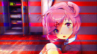 pink haired anime character, Doki Doki Literature Club, Natsuki (Doki Doki Literature Club), glitch art