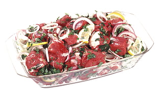 raw meats with onion rings in glass casserole HD wallpaper