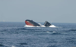 red and black submarine, submarine, sea, vehicle, military HD wallpaper