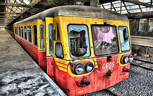 abandoned red and yellow tram numbered 4609 on station at daytime HD wallpaper