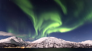 snowy mountan, aurora  borealis, landscape, nature