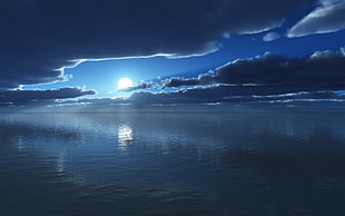 body of water under full moon wallpaper, sea, sky HD wallpaper
