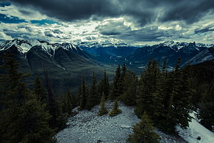 cloudy sky over mountain and tree, mountains, lake