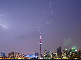 panoramic view of city buildings during night, cn tower HD wallpaper