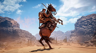 man riding on rearing brown horse HD wallpaper