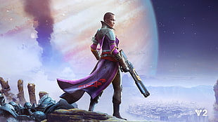 character with purple cape holding rifle digital wallpaper