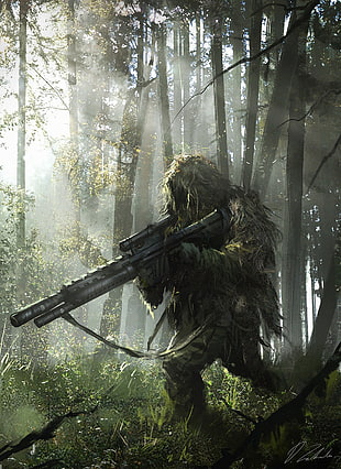 man in gillie suit holding rifle wallpaper, snipers, Darek Zabrocki , soldier, artwork