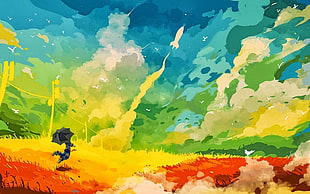 green, yellow, orange, and blue abstract painting, fantasy art, anime, rocket, umbrella HD wallpaper