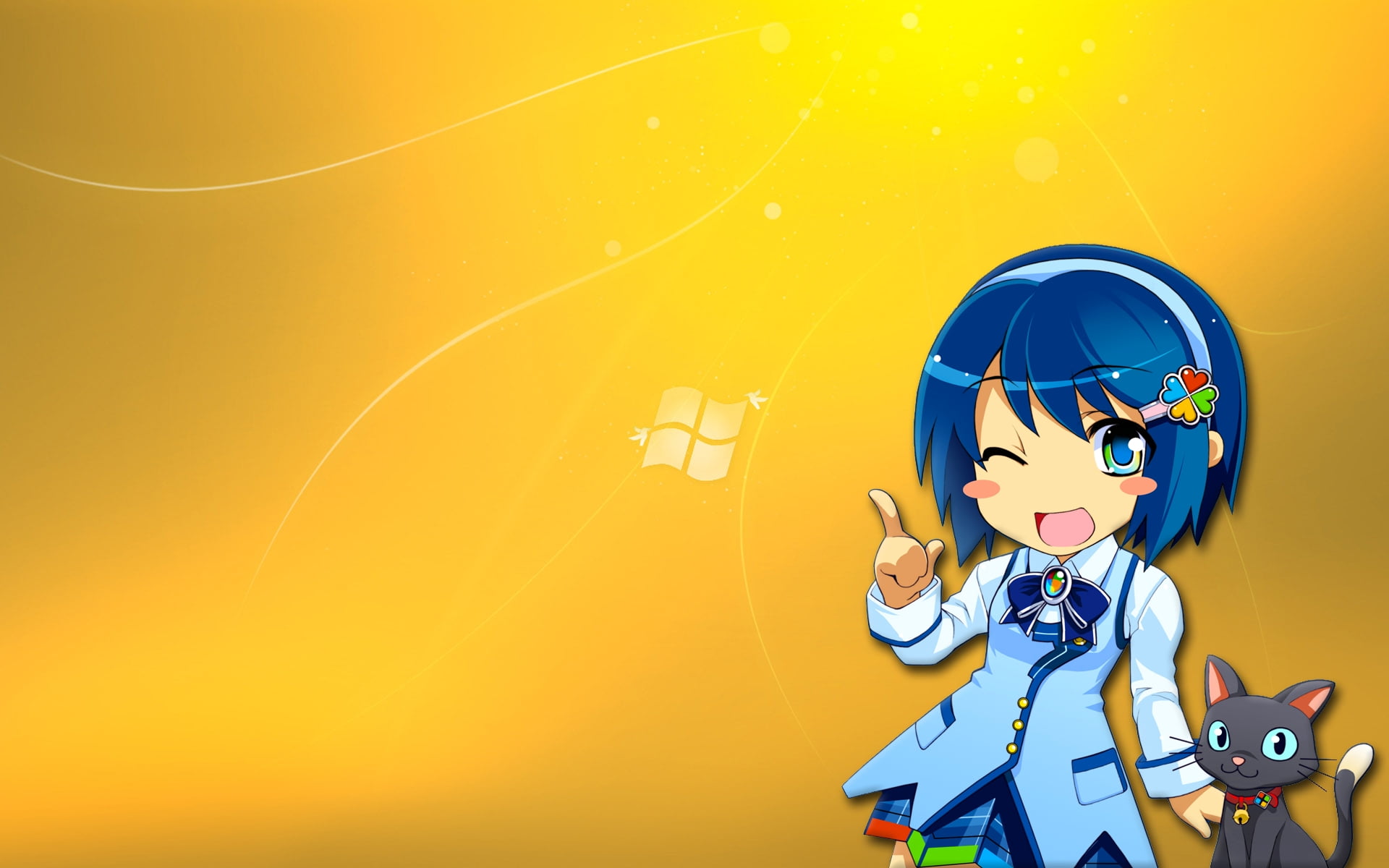 Female anime character wearing blue dress beside cat digital wallpaper ...