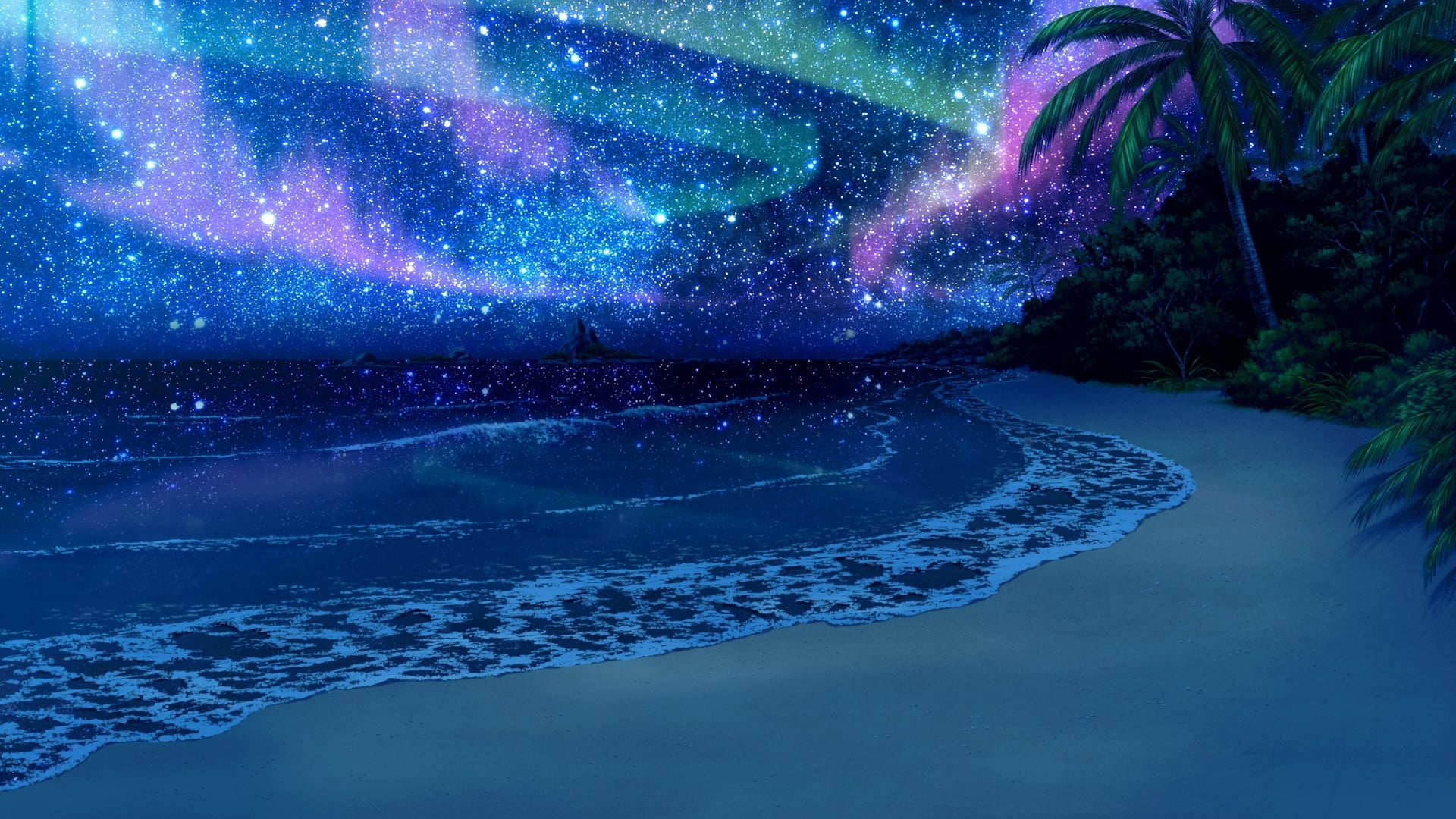 coconut tree, sea, stars, beach, anime