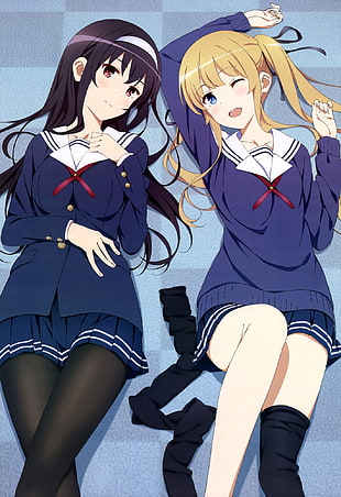 two female anime characters wearing school uniform illustration HD wallpaper