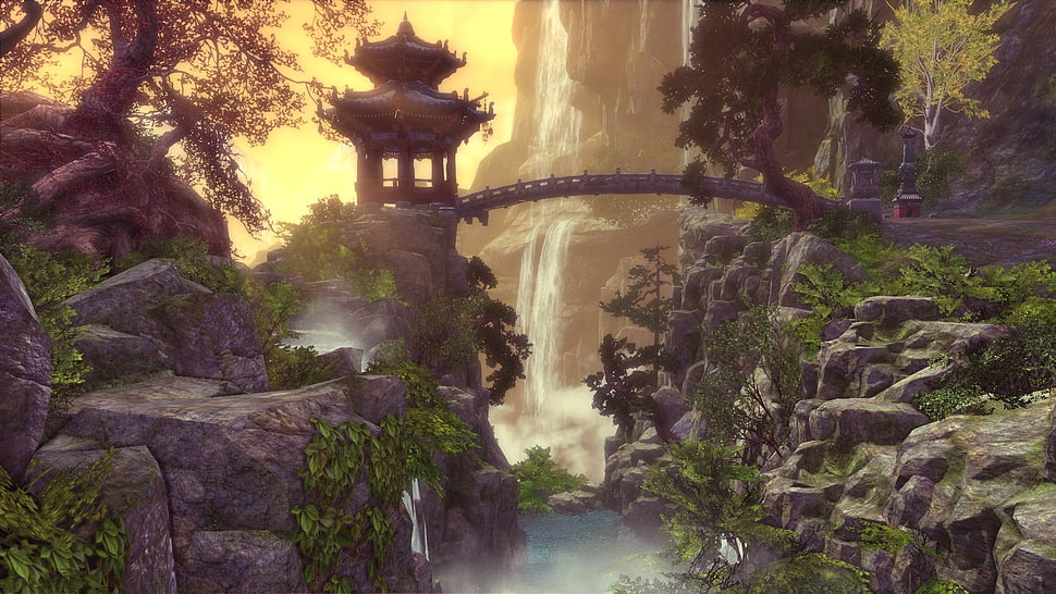 bridge on rock formation with gazebo wallpaper, PC gaming, Blade & Soul HD wallpaper