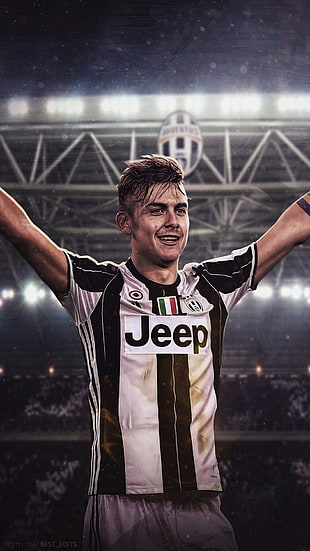 white and black Adidas Jeep soccer jersey, Paulo Dybala, soccer pitches, players, Juventus HD wallpaper
