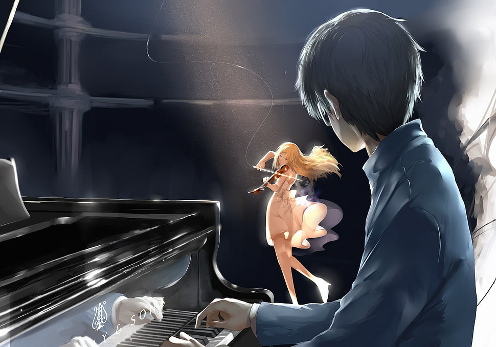 Man playing piano watching woman playing violin, Shigatsu wa Kimi no Uso, Arima  Kousei, Miyazono Kaori, anime HD wallpaper | Wallpaper Flare
