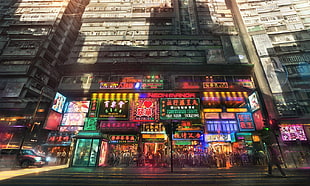 gray commercial building, city, neon, anime, apartments HD wallpaper