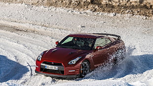 2015 red Nissan GT-R R35 coupe, Nissan, Nissan GT-R, winter, car