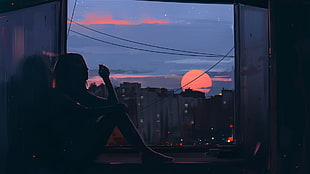 woman sitting beside window with view of sunset HD wallpaper