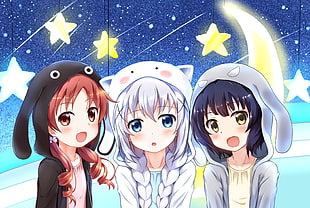 three female anime characters, anime girls, anime, Gochuumon wa Usagi Desu ka?, Jouga Maya HD wallpaper