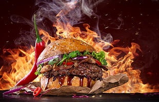 cooked burger, burger, steak, fire HD wallpaper
