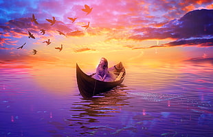 woman riding on canoe with flying flock of birds with sunset as background HD wallpaper