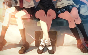 three woman anime character illustration, socks, shoes, skirt, school uniform HD wallpaper