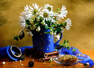 white flowers in blue watering can HD wallpaper