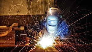 gray welding helmet, men, workers, welding, sparks