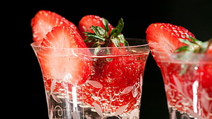 strawberry on top of clear glass of water HD wallpaper