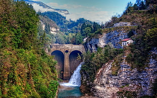 waterfall near bridge, nature, landscape, waterfall