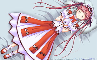 photo of girl wearing red and white dress laying on cushion cross hand on chest and closing eyes anime character HD wallpaper